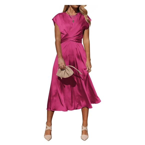 PrettyGarden Women's  Satin Midi Dress Cap Sleeve Tie Waist Elegant A-Line Flowy - Picture 4 of 11